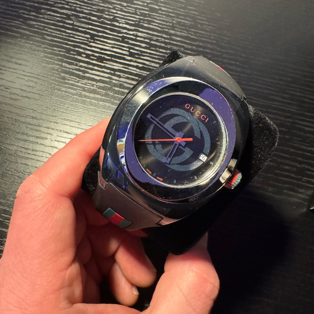 Gucci Black Watch with Red and Green Accents